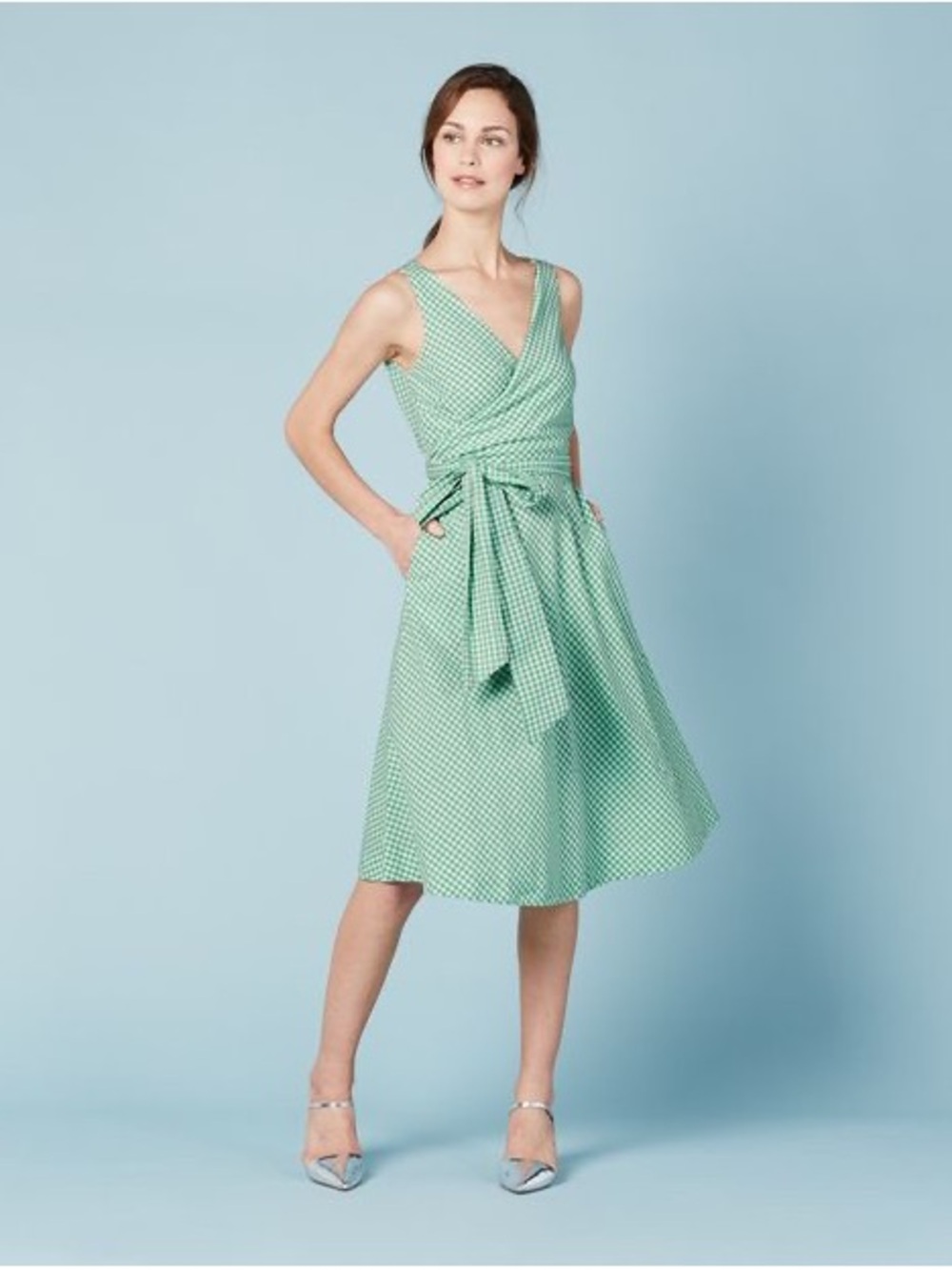 Boden - Green Gingham Wrap Midi Dress - size 28